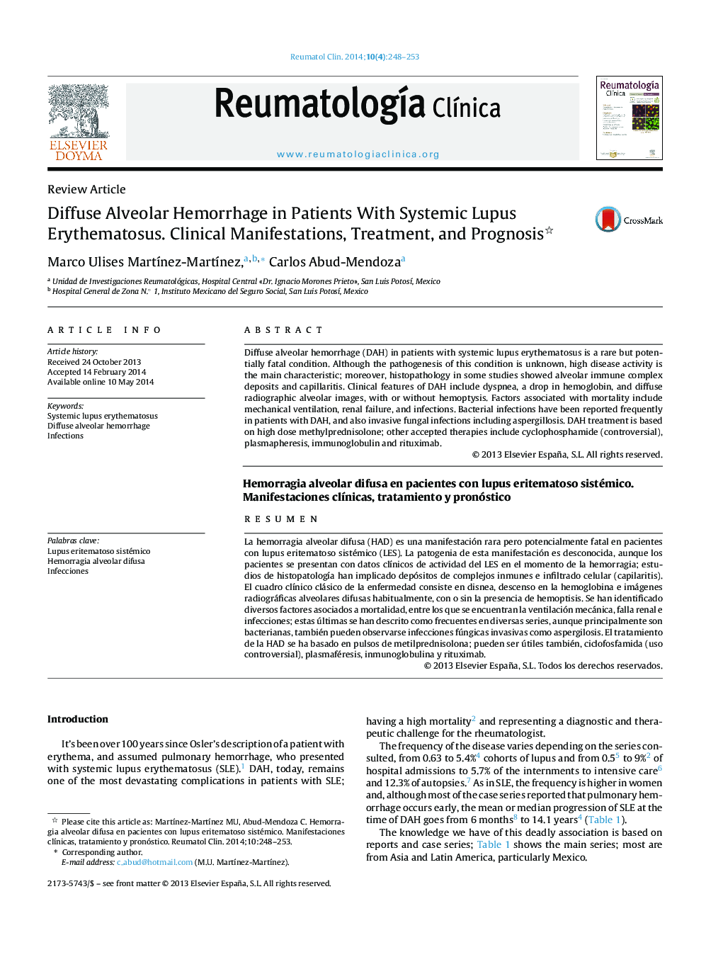 Diffuse Alveolar Hemorrhage in Patients With Systemic Lupus Erythematosus. Clinical Manifestations, Treatment, and Prognosis 