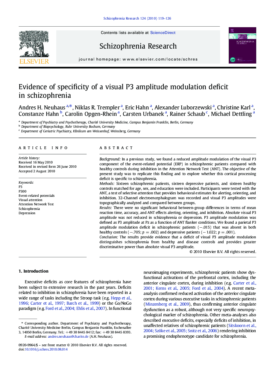 Evidence of specificity of a visual P3 amplitude modulation deficit in schizophrenia