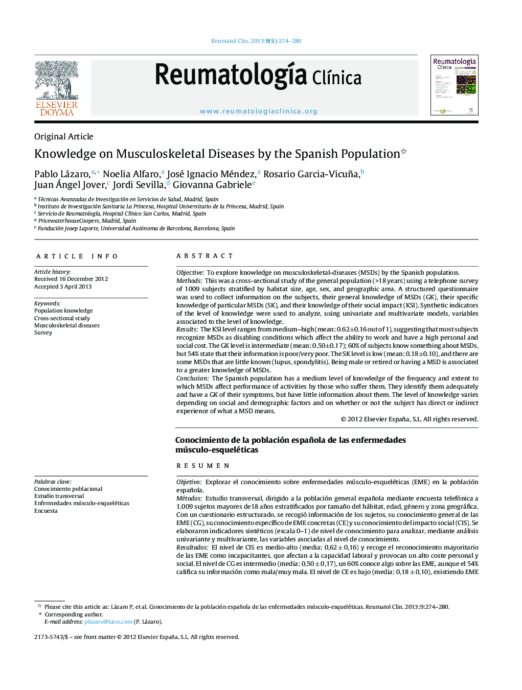 Knowledge on Musculoskeletal Diseases by the Spanish Population 