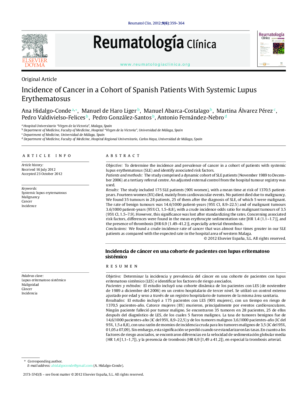 Incidence of Cancer in a Cohort of Spanish Patients With Systemic Lupus Erythematosus