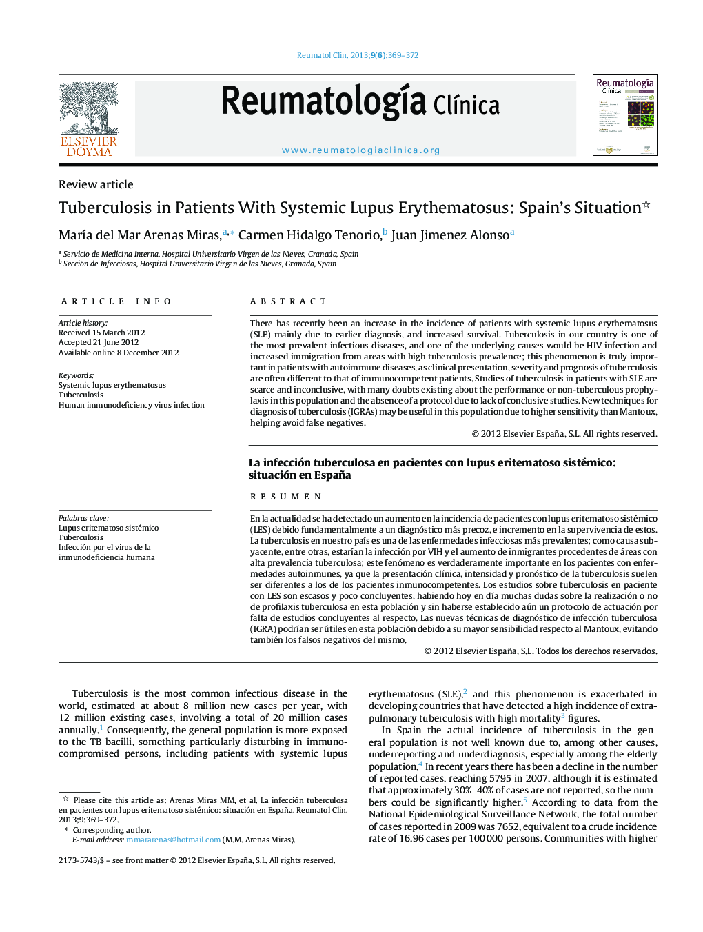 Tuberculosis in Patients With Systemic Lupus Erythematosus: Spain's Situation 