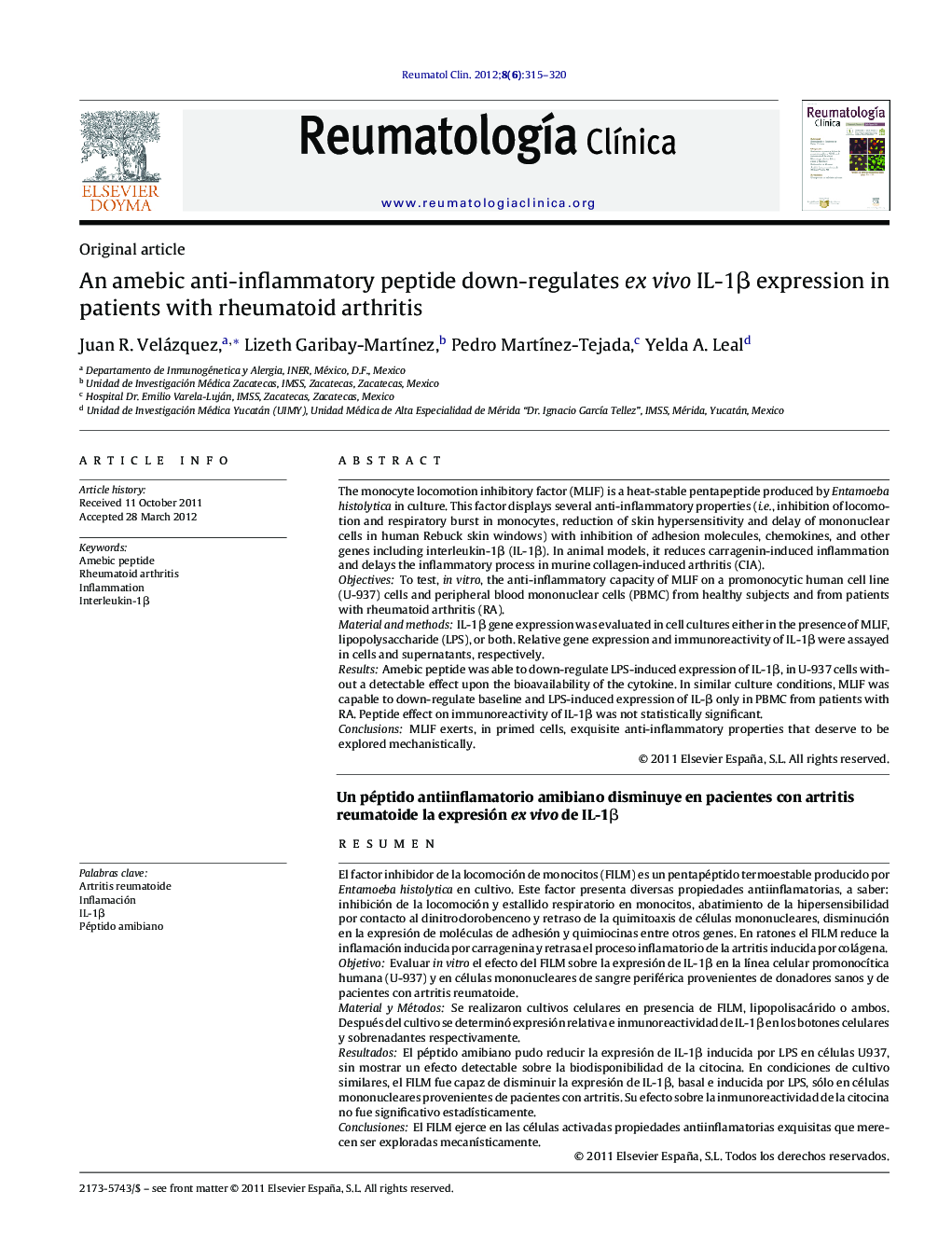 An amebic anti-inflammatory peptide down-regulates ex vivo IL-1Î² expression in patients with rheumatoid arthritis