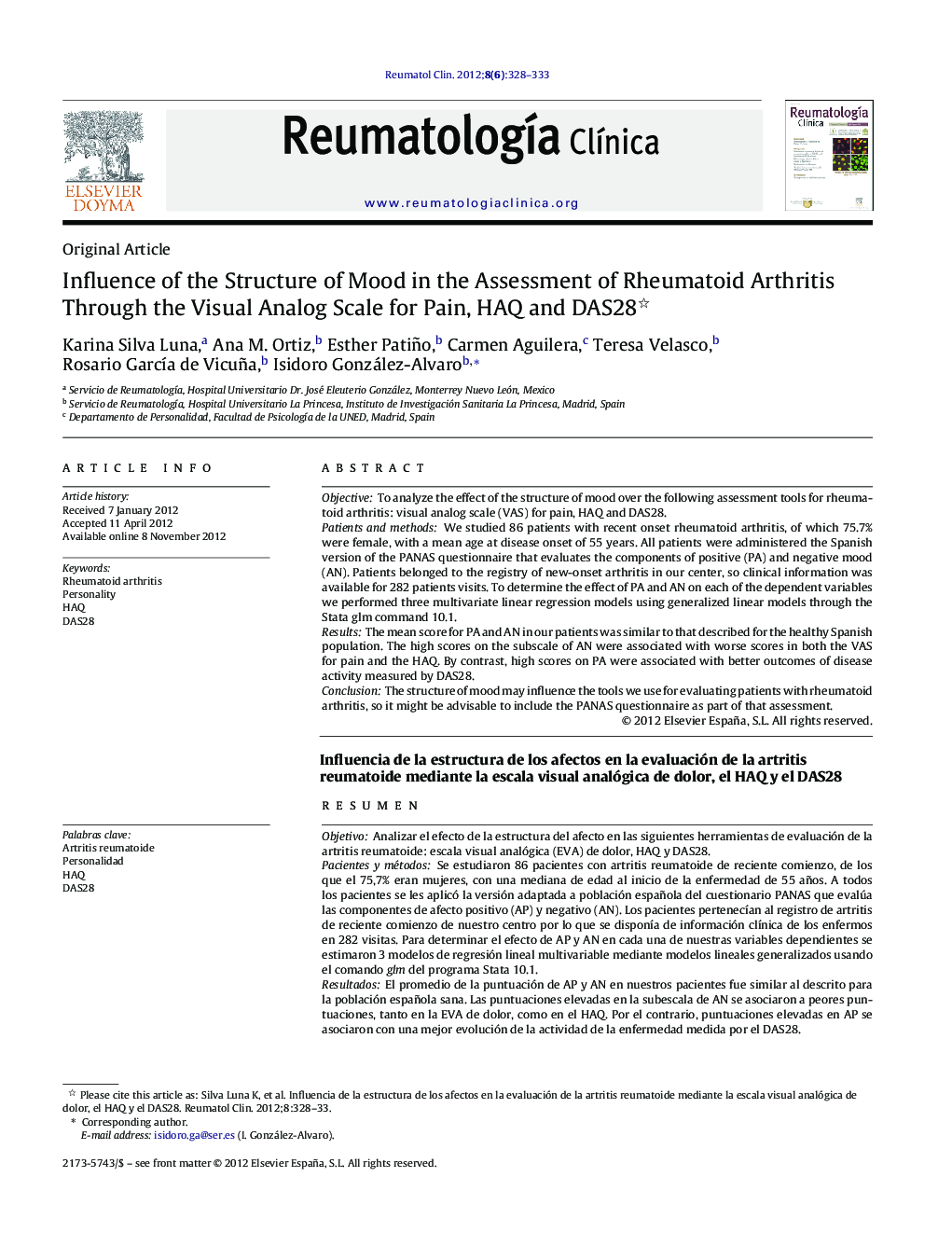 Influence of the Structure of Mood in the Assessment of Rheumatoid Arthritis Through the Visual Analog Scale for Pain, HAQ and DAS28 