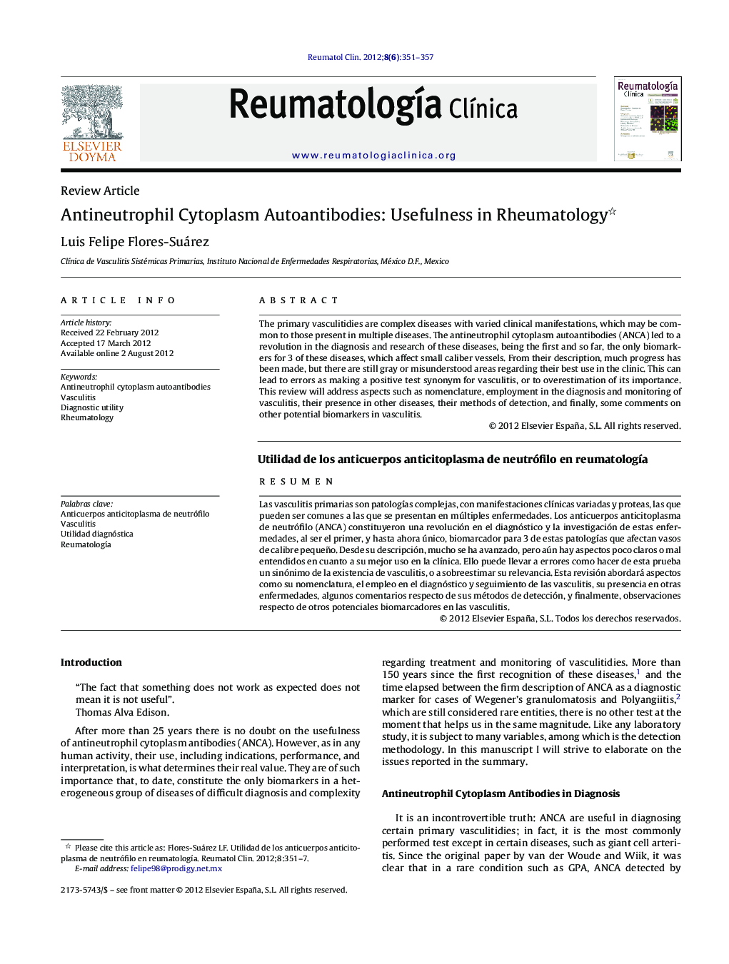 Antineutrophil Cytoplasm Autoantibodies: Usefulness in Rheumatology 