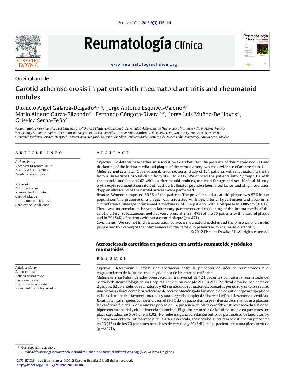 Carotid atherosclerosis in patients with rheumatoid arthritis and rheumatoid nodules