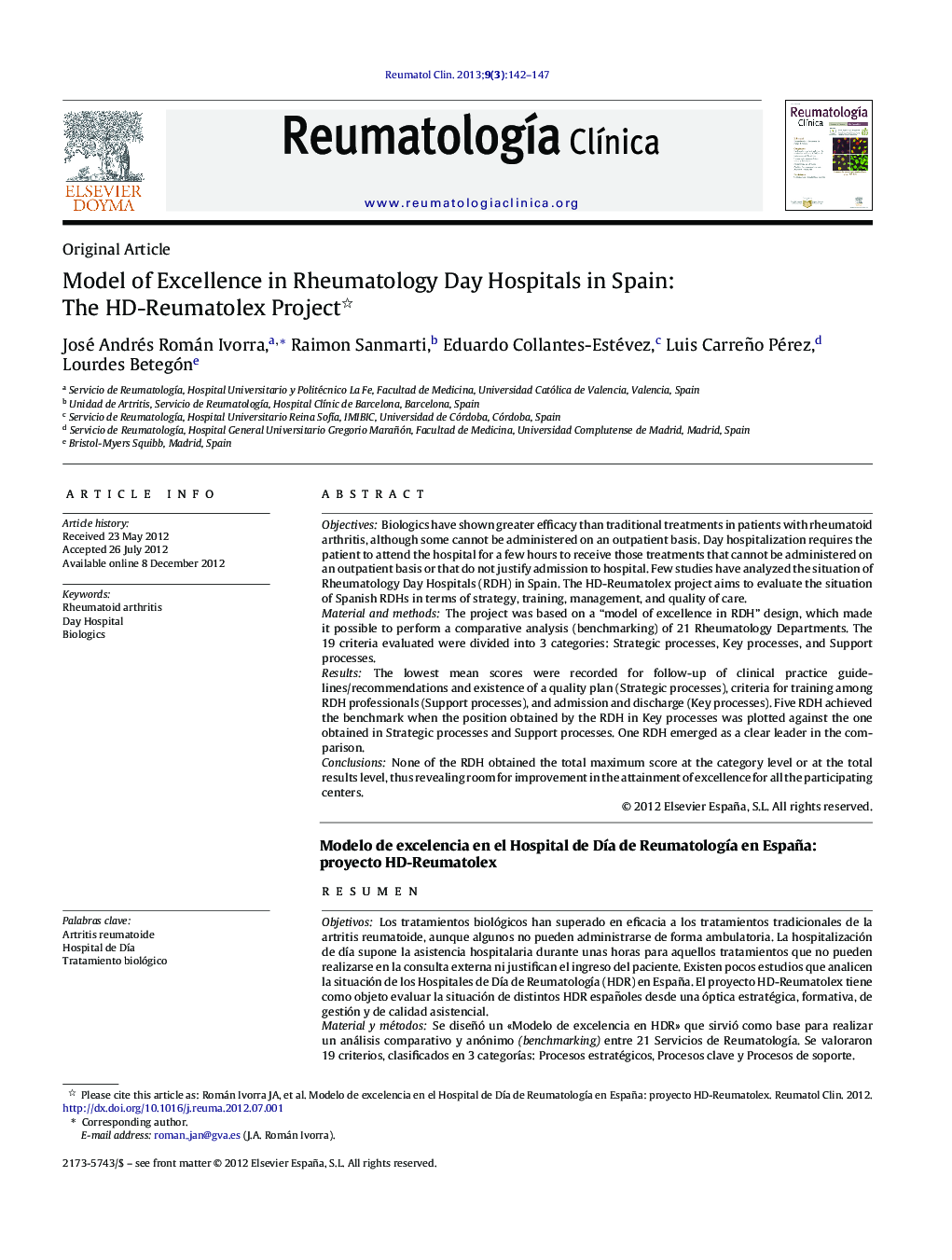 Model of Excellence in Rheumatology Day Hospitals in Spain: The HD-Reumatolex Project