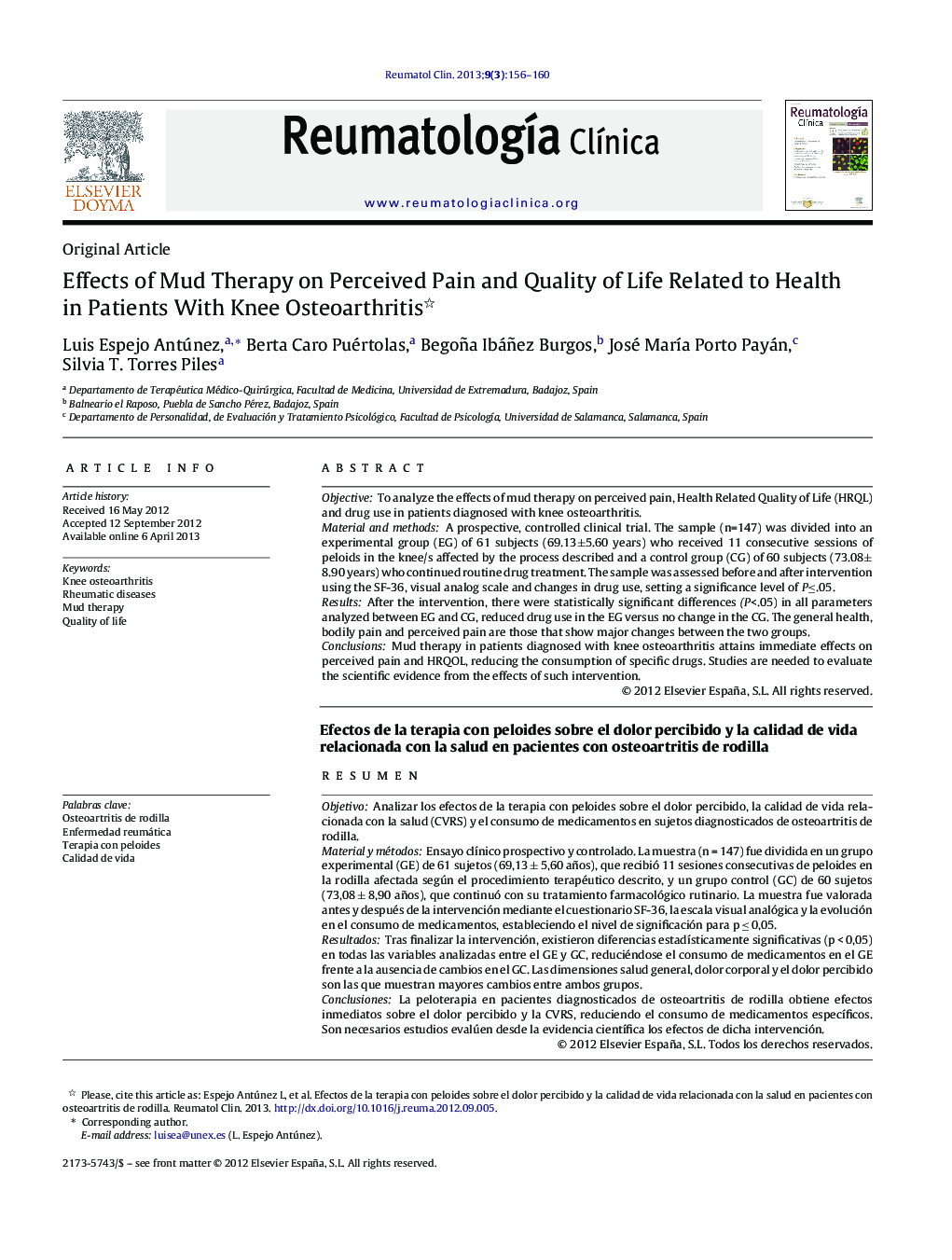 Effects of Mud Therapy on Perceived Pain and Quality of Life Related to Health in Patients With Knee Osteoarthritis 