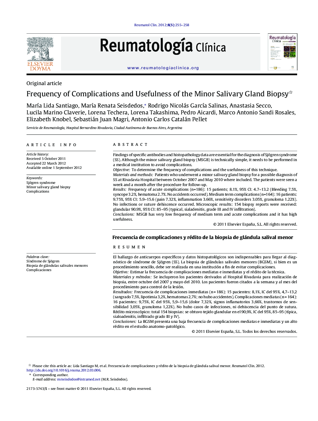 Frequency of Complications and Usefulness of the Minor Salivary Gland Biopsy 