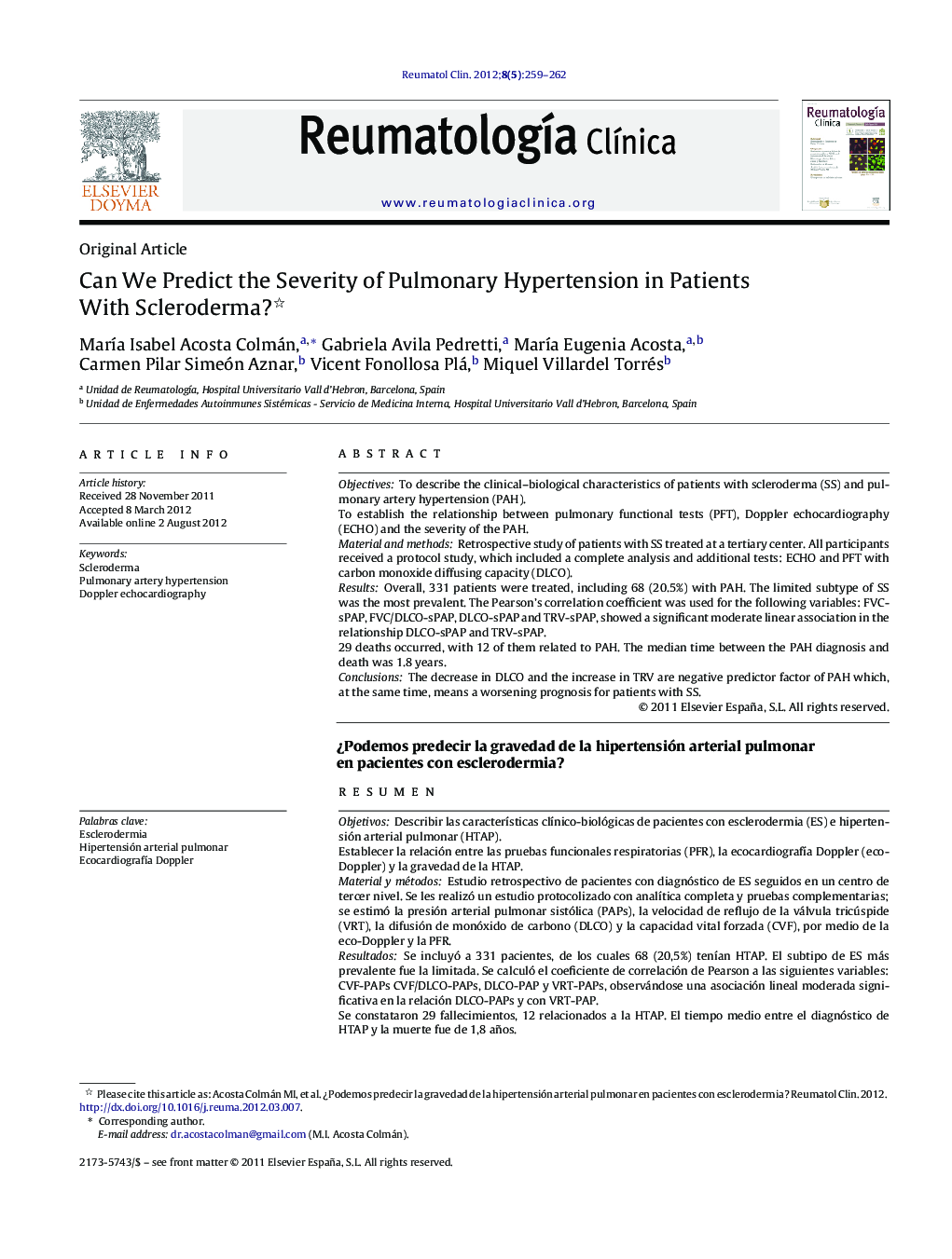 Can We Predict the Severity of Pulmonary Hypertension in Patients With Scleroderma? 