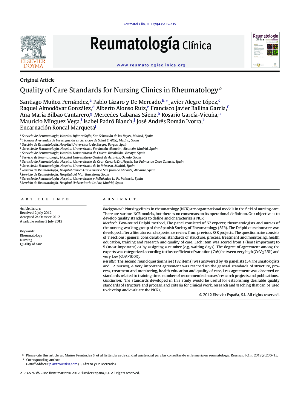 Quality of Care Standards for Nursing Clinics in Rheumatology 