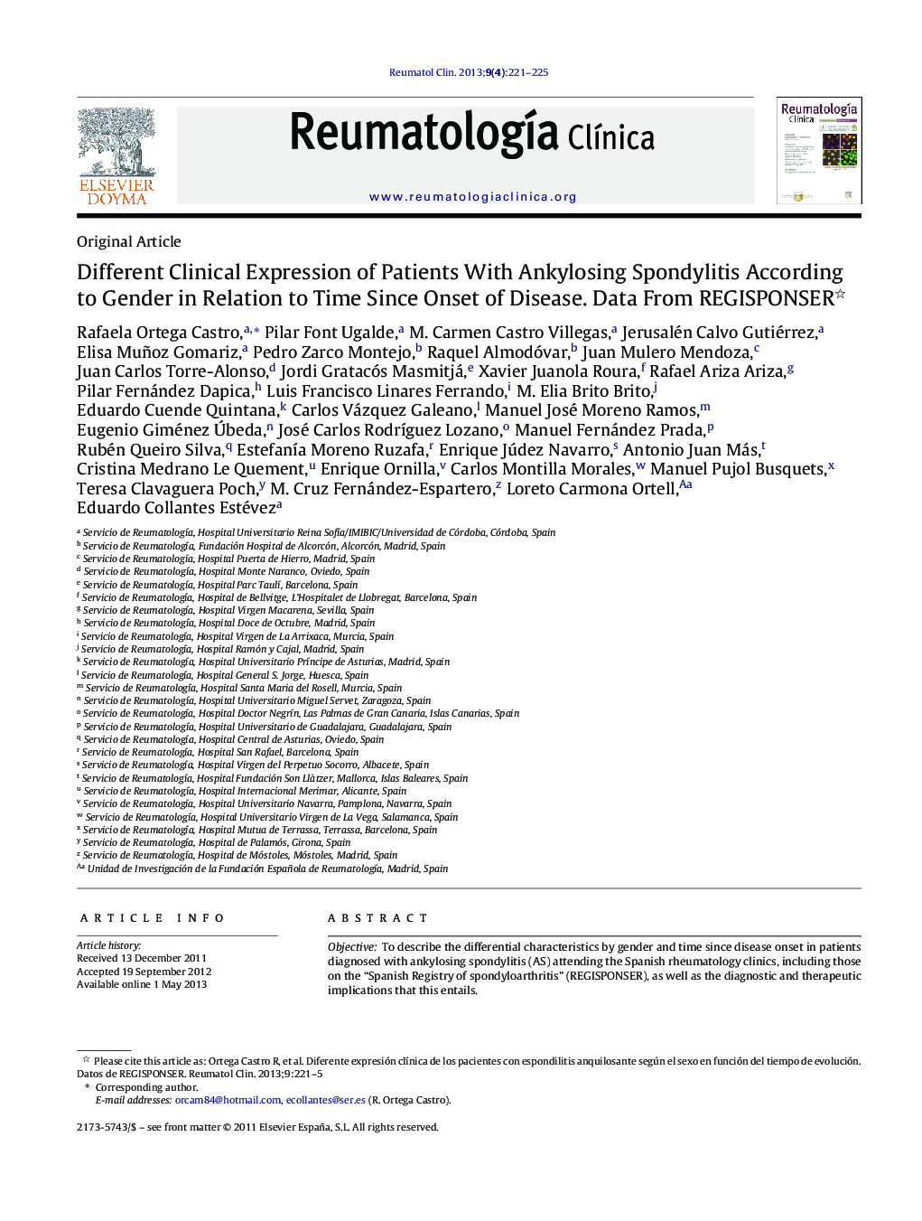 Different Clinical Expression of Patients With Ankylosing Spondylitis According to Gender in Relation to Time Since Onset of Disease. Data From REGISPONSER 