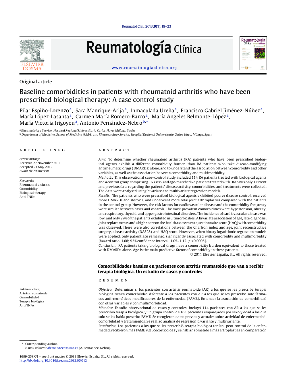 Baseline comorbidities in patients with rheumatoid arthritis who have been prescribed biological therapy: A case control study