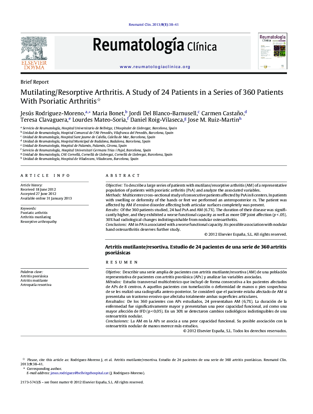 Mutilating/Resorptive Arthritis. A Study of 24 Patients in a Series of 360 Patients With Psoriatic Arthritis 