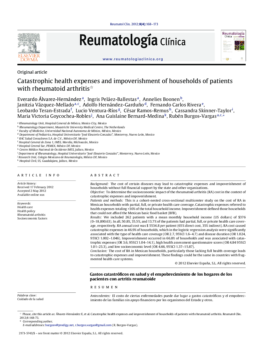 Catastrophic health expenses and impoverishment of households of patients with rheumatoid arthritis 