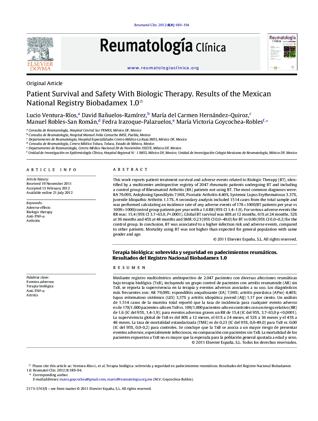 Patient Survival and Safety With Biologic Therapy. Results of the Mexican National Registry Biobadamex 1.0 