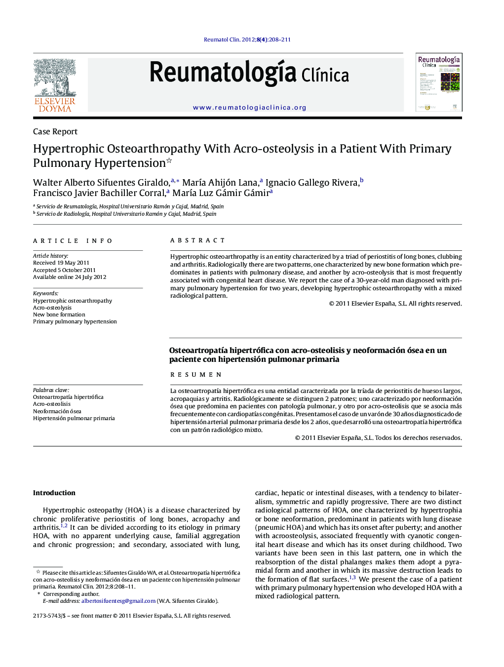 Hypertrophic Osteoarthropathy With Acro-osteolysis in a Patient With Primary Pulmonary Hypertension