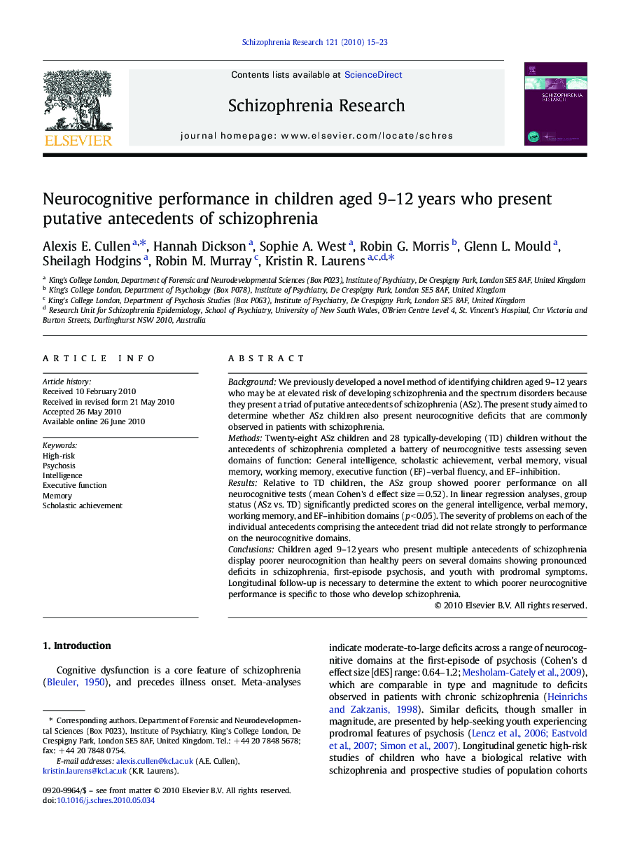 Neurocognitive performance in children aged 9–12 years who present putative antecedents of schizophrenia