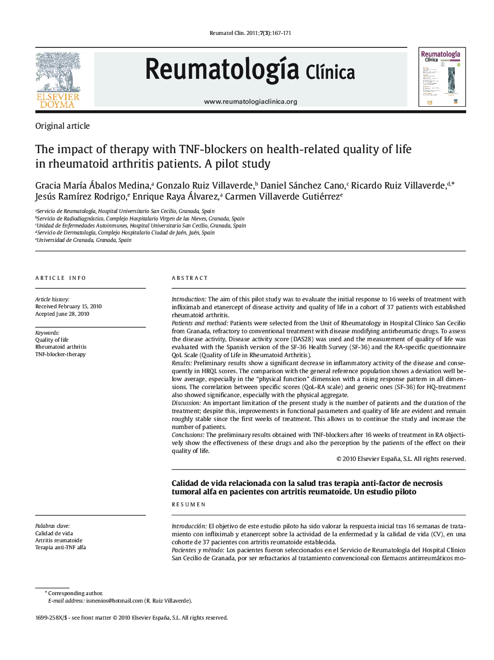 The impact of therapy with TNF-blockers on health-related quality of life in rheumatoid arthritis patients. A pilot study