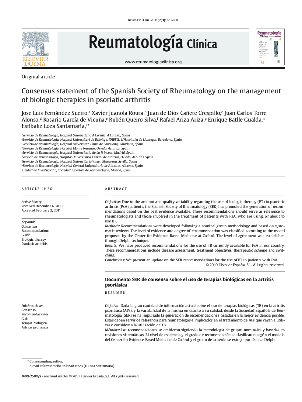 Consensus statement of the Spanish Society of Rheumatology on the management of biologic therapies in psoriatic arthritis