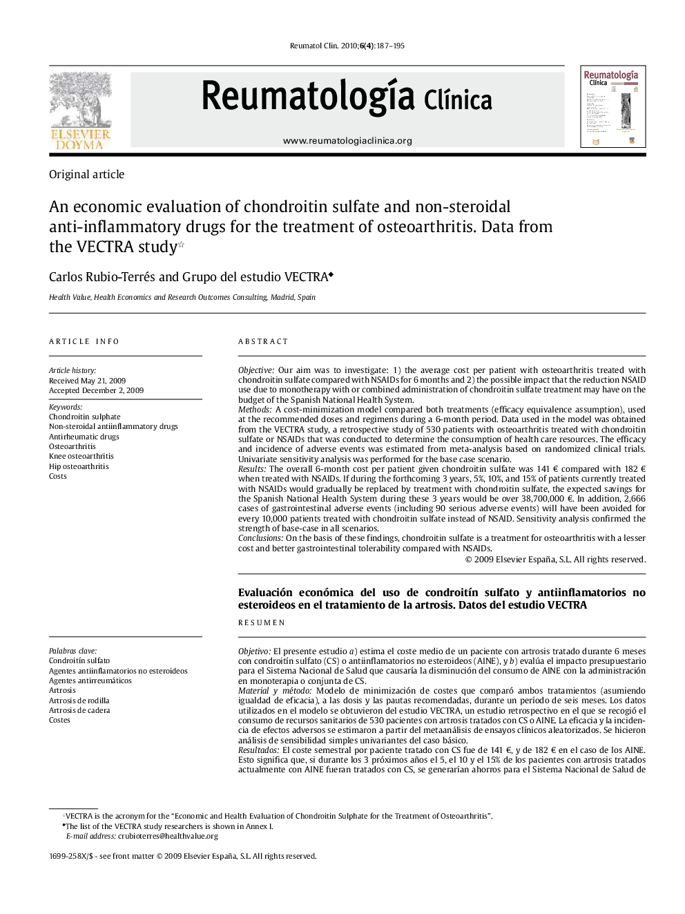 An economic evaluation of chondroitin sulfate and non-steroidal anti-inflammatory drugs for the treatment of osteoarthritis. Data from the VECTRA study 