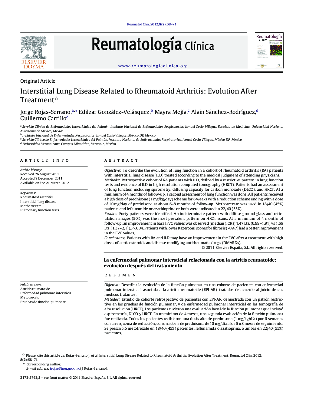 Interstitial Lung Disease Related to Rheumatoid Arthritis: Evolution After Treatment 