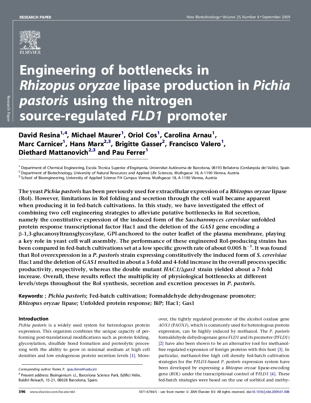 Engineering of bottlenecks in Rhizopus oryzae lipase production in Pichia pastoris using the nitrogen source-regulated FLD1 promoter