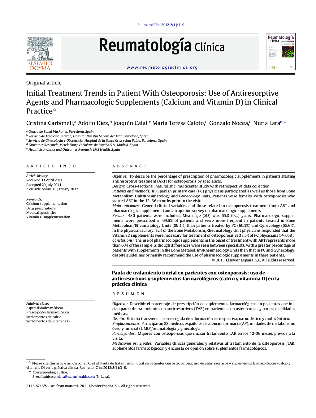 Initial Treatment Trends in Patient With Osteoporosis: Use of Antiresorptive Agents and Pharmacologic Supplements (Calcium and Vitamin D) in Clinical Practice