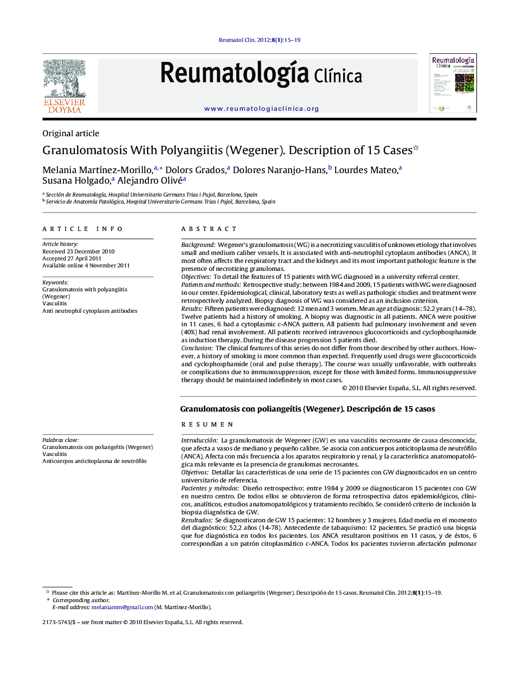 Granulomatosis With Polyangiitis (Wegener). Description of 15 Cases 