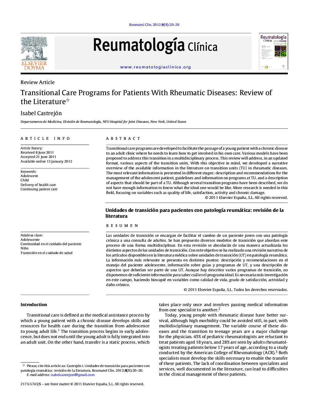 Transitional Care Programs for Patients With Rheumatic Diseases: Review of the Literature 