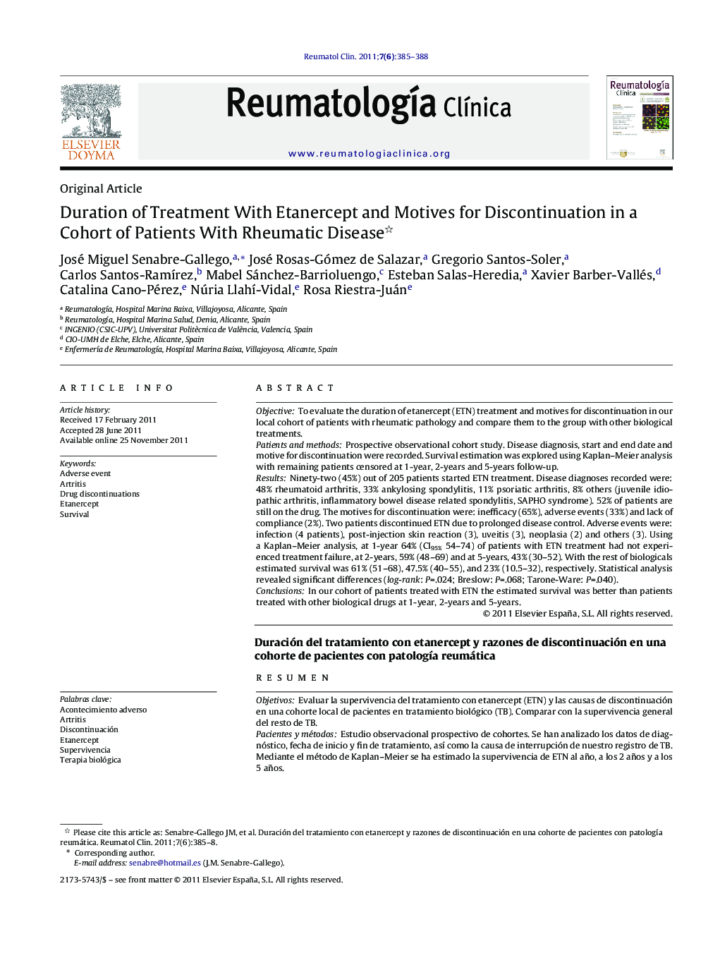 Duration of Treatment With Etanercept and Motives for Discontinuation in a Cohort of Patients With Rheumatic Disease