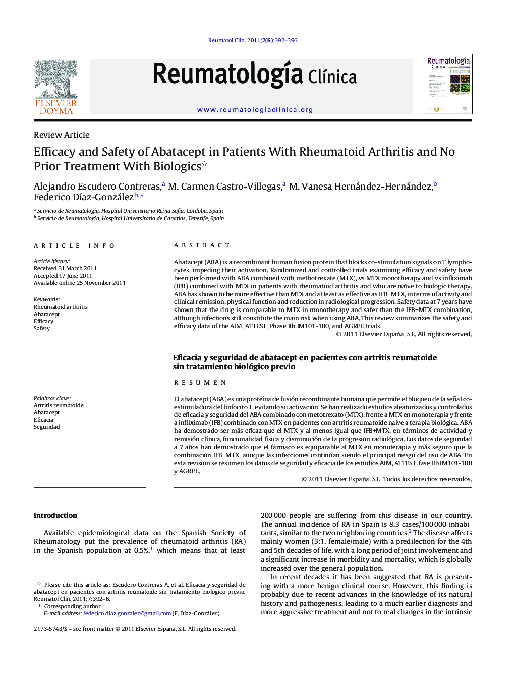 Efficacy and Safety of Abatacept in Patients With Rheumatoid Arthritis and No Prior Treatment With Biologics 