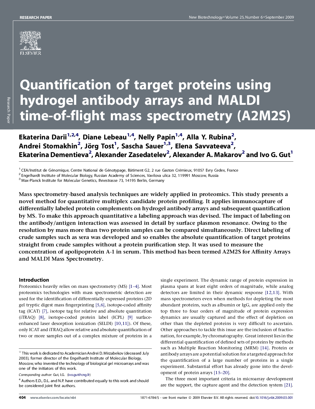 Quantification of target proteins using hydrogel antibody arrays and MALDI time-of-flight mass spectrometry (A2M2S) 