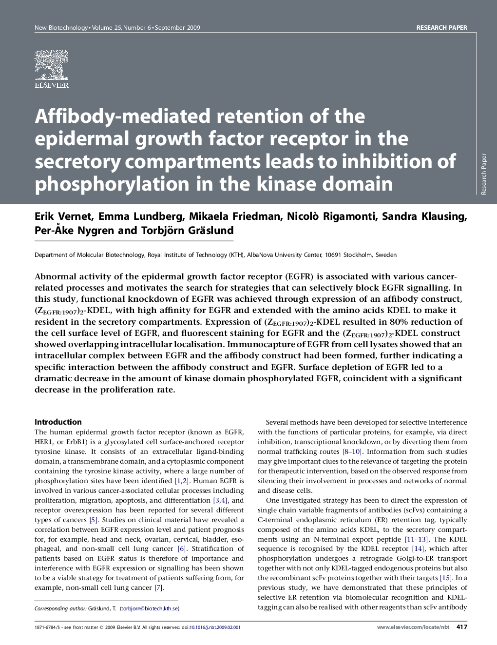 Affibody-mediated retention of the epidermal growth factor receptor in the secretory compartments leads to inhibition of phosphorylation in the kinase domain