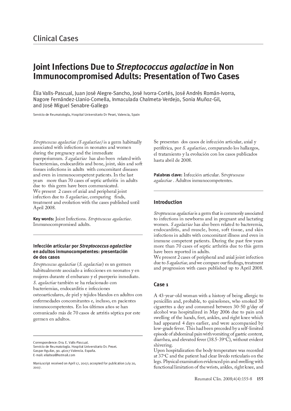 عکس صفحه اول مقاله: Joint Infections Due to Streptococcus agalactiae in Non Immunocompromised Adults: Presentation of Two Cases Joint Infections Due to Streptococcus agalactiae in Non Immunocompromised Adults: Presentation of Two Cases