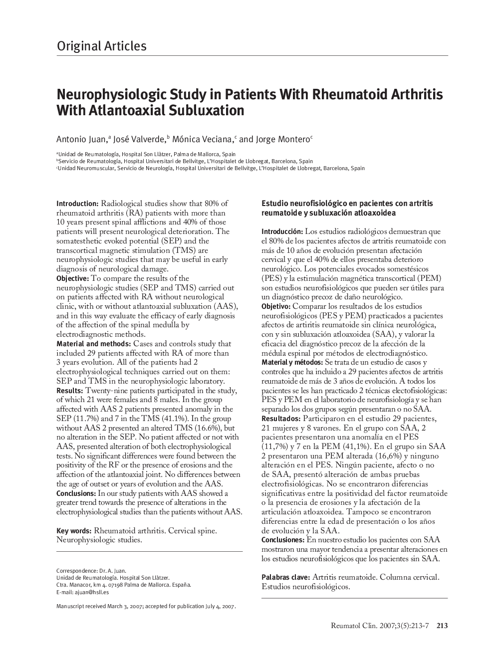 Neurophysiologic Study in Patients With Rheumatoid Arthritis With Atlantoaxial Subluxation