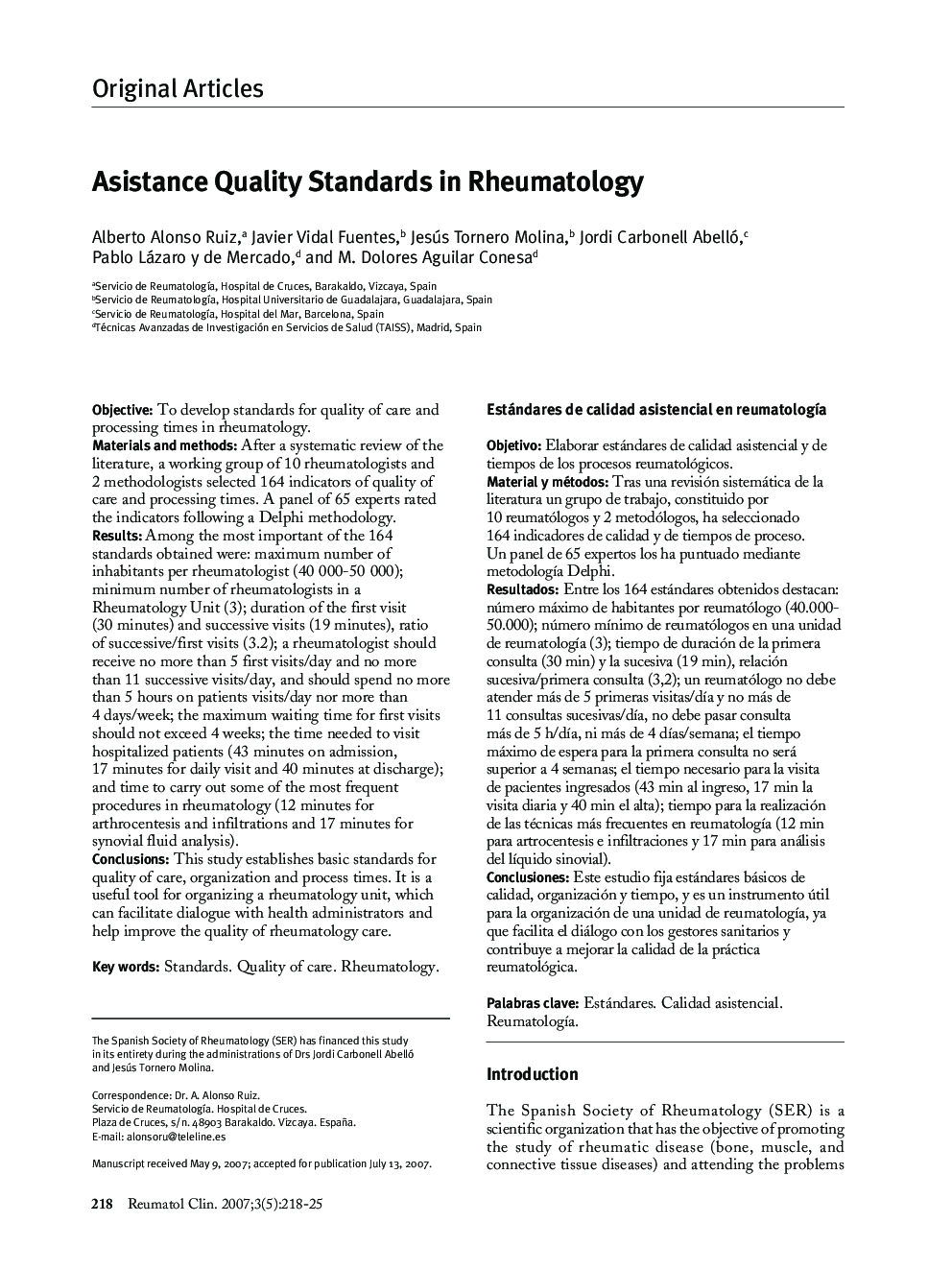 Asistance Quality Standards in Rheumatology