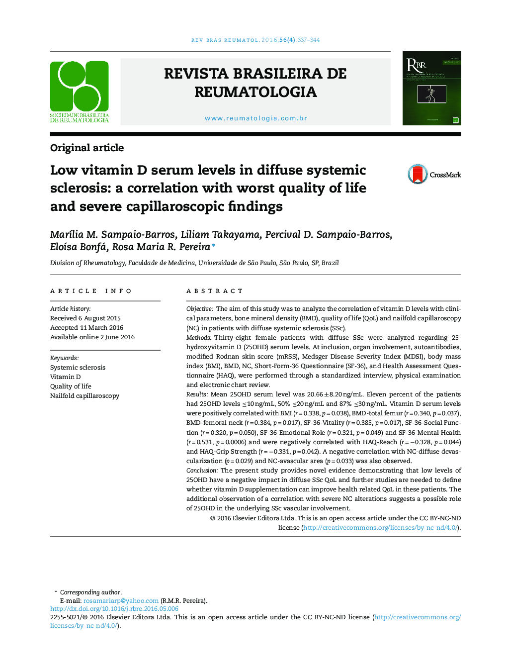Low vitamin D serum levels in diffuse systemic sclerosis: a correlation with worst quality of life and severe capillaroscopic findings