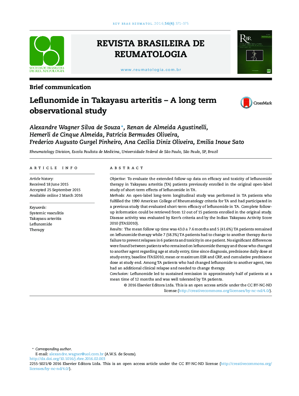 Leflunomide in Takayasu arteritis – A long term observational study