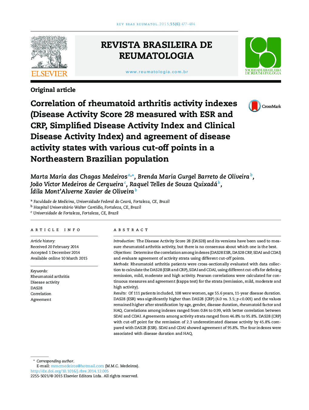 Correlation of rheumatoid arthritis activity indexes (Disease Activity Score 28 measured with ESR and CRP, Simplified Disease Activity Index and Clinical Disease Activity Index) and agreement of disease activity states with various cut-off points in a Nor