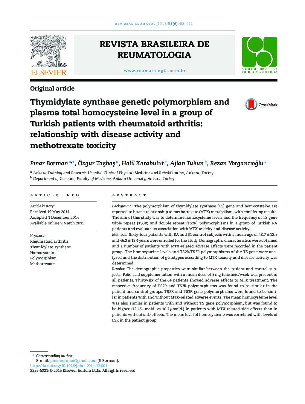 Thymidylate synthase genetic polymorphism and plasma total homocysteine level in a group of Turkish patients with rheumatoid arthritis: relationship with disease activity and methotrexate toxicity