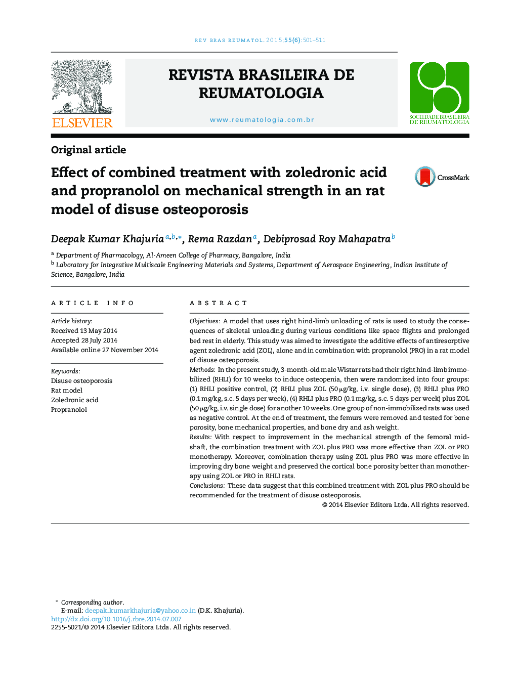 Effect of combined treatment with zoledronic acid and propranolol on mechanical strength in an rat model of disuse osteoporosis