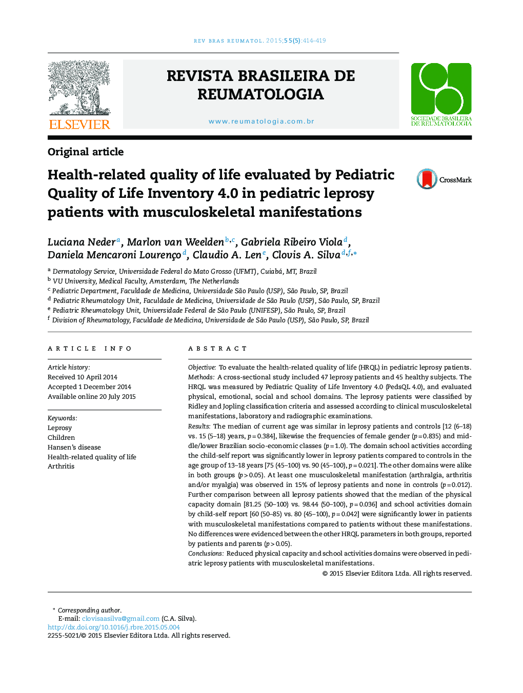 Health-related quality of life evaluated by Pediatric Quality of Life Inventory 4.0 in pediatric leprosy patients with musculoskeletal manifestations