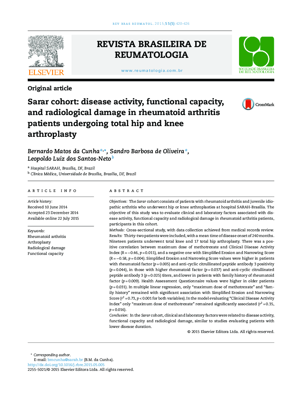 Sarar cohort: disease activity, functional capacity, and radiological damage in rheumatoid arthritis patients undergoing total hip and knee arthroplasty