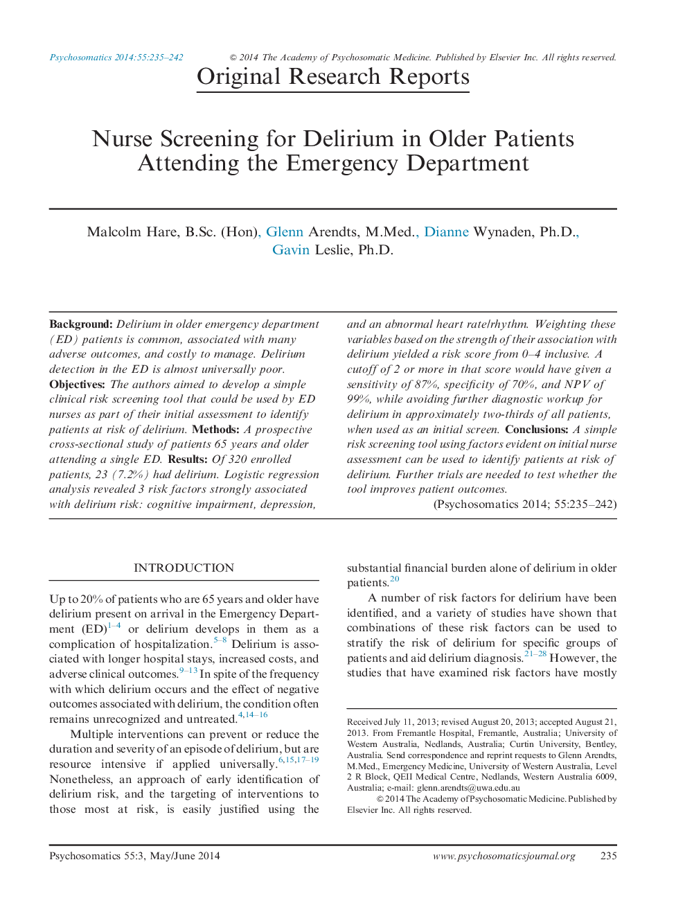 Nurse Screening for Delirium in Older Patients Attending the Emergency Department