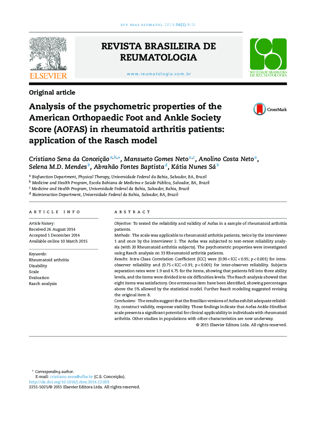 Analysis of the psychometric properties of the American Orthopaedic Foot and Ankle Society Score (AOFAS) in rheumatoid arthritis patients: application of the Rasch model