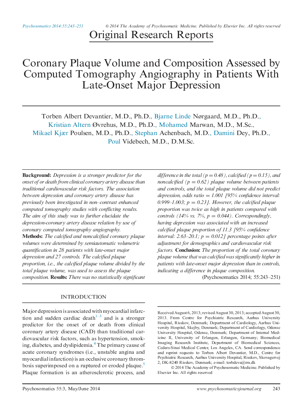 Coronary Plaque Volume and Composition Assessed by Computed Tomography Angiography in Patients With Late-Onset Major Depression