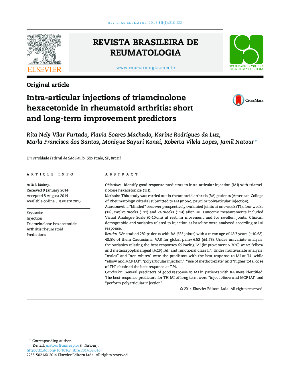 Intra-articular injections of triamcinolone hexacetonide in rheumatoid arthritis: short and long-term improvement predictors