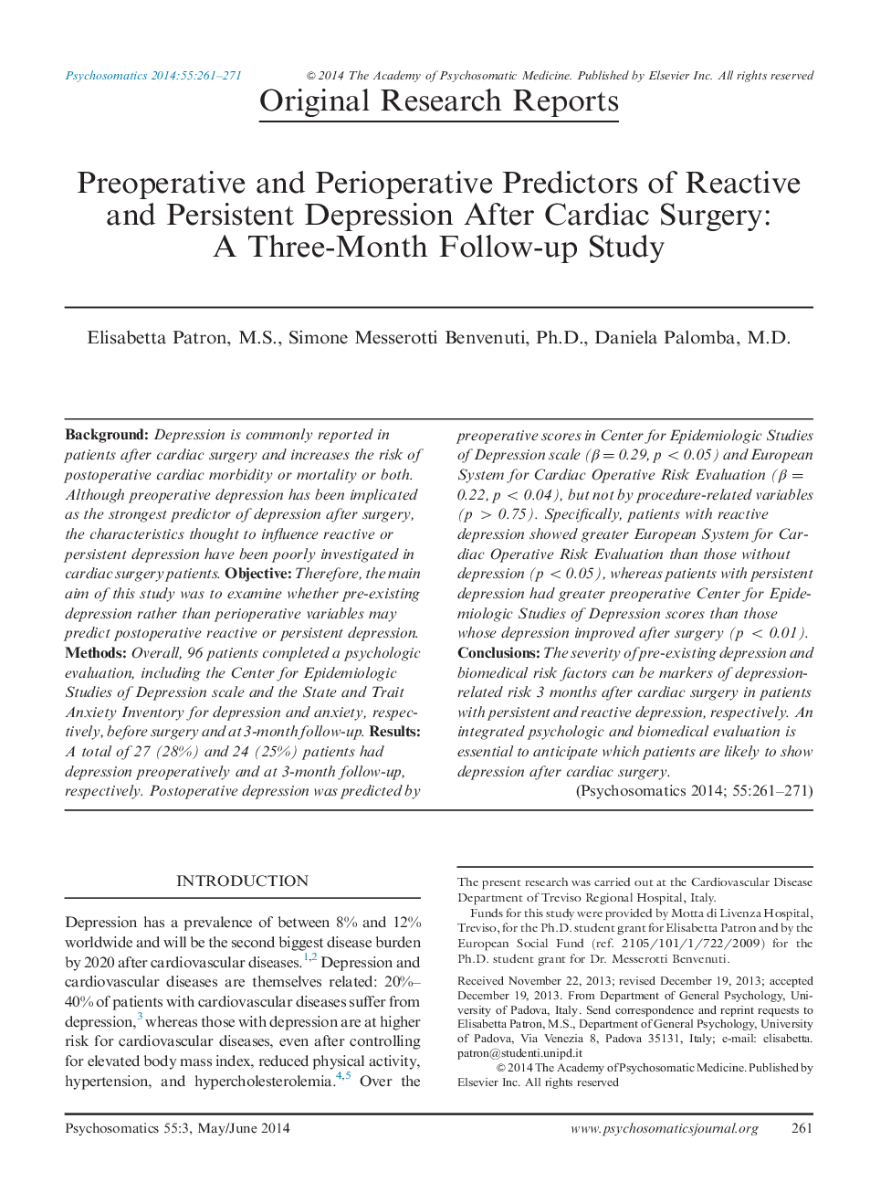 Preoperative and Perioperative Predictors of Reactive and Persistent Depression After Cardiac Surgery: A Three-Month Follow-up Study 