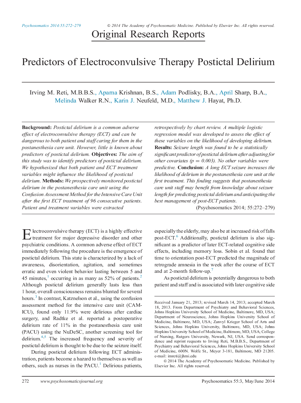 Predictors of Electroconvulsive Therapy Postictal Delirium