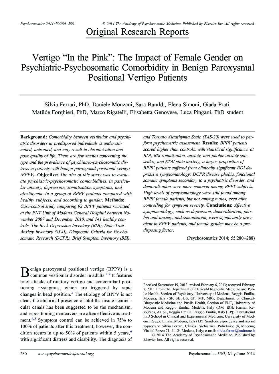 Vertigo “In the Pink”: The Impact of Female Gender on Psychiatric-Psychosomatic Comorbidity in Benign Paroxysmal Positional Vertigo Patients